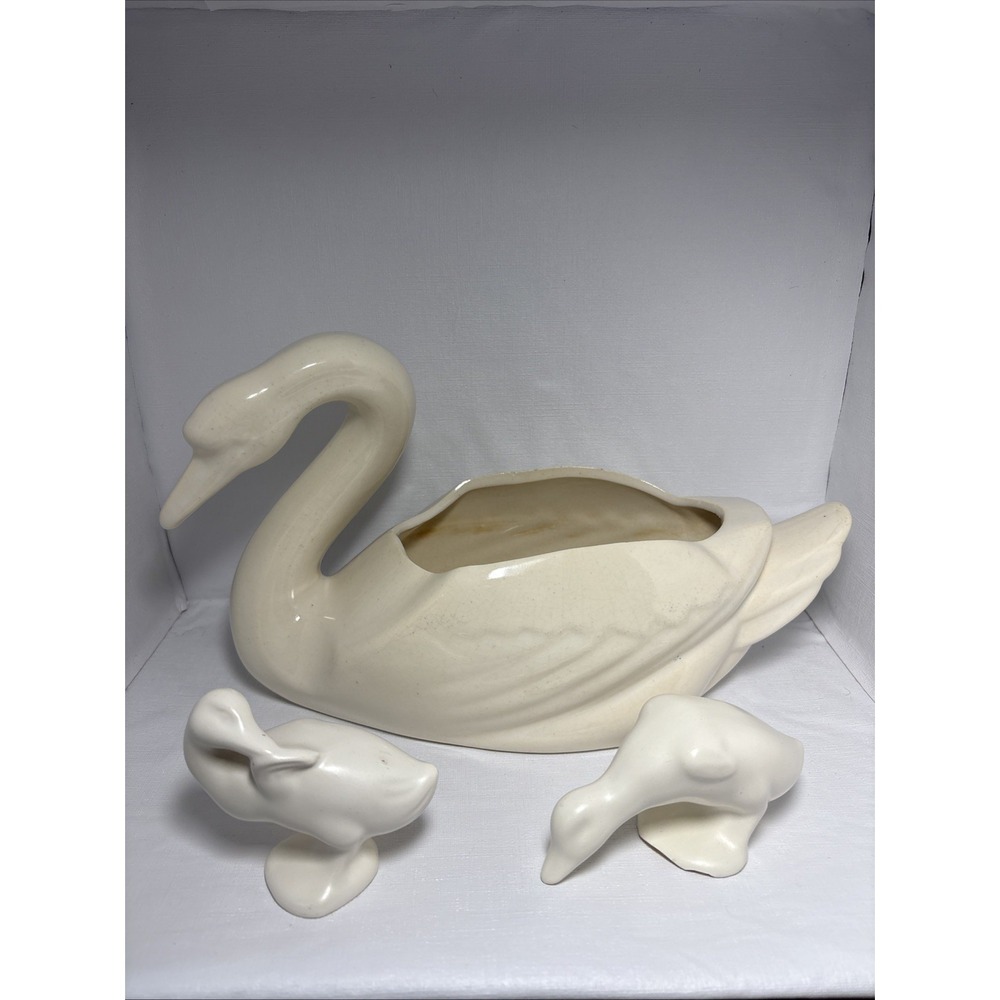 Vintage Bauer Pottery Swan Planter With Baby Swan Figures